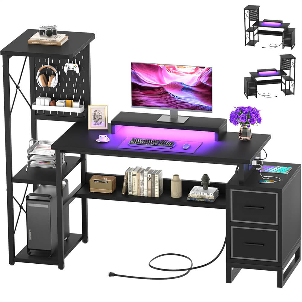 53 Inch Computer Desk with 2 Fabric Drawers, Reversible Home Office Desk with LED Lights, Power Outlets, Side Tall Shelf