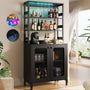 Unikito Tall Wine Bar Cabinet with LED Light and Power Strip, 67'' Standing Liquor Cabinet with Door & Glass Holder, Coffee Bar Cabinet, Bakers Rack Cabinet, for Living Room, Kitchen