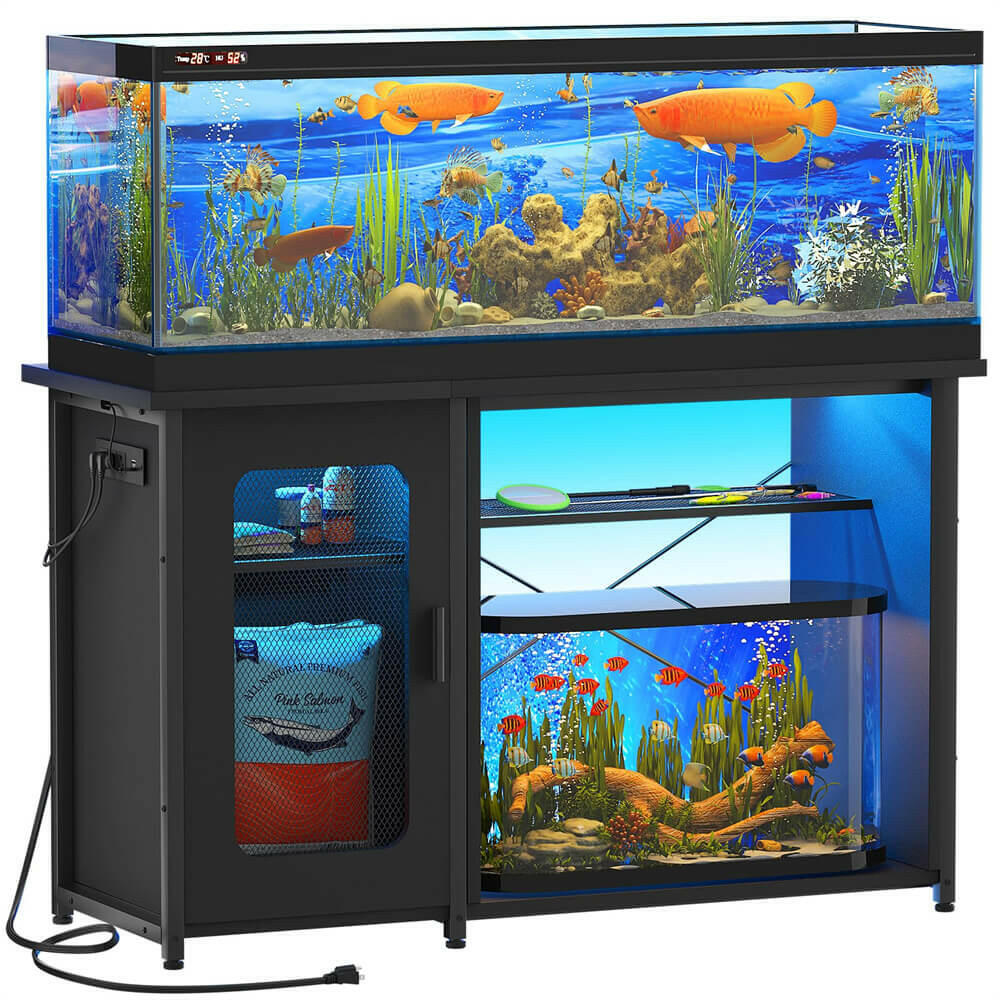 Unikito 55-75 Gallon Fish Tank Stand with Power Outlets & LED Light, Reversible Heavy Duty Metal Aquarium Stand with Cabinet for Fish Tank Accessories Storage, Turtle/Reptile Terrariums