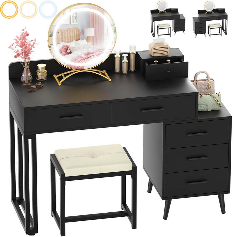 Unikito Vanity Desk with Mirror and Lights, Modern Makeup Vanity Table Set with 6 Storage Drawers and Cushioned Stool for Bedroom, Dressing Table with Divided Organizers for Women Girls