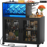 Unikito Wine Bar Cabinet with Wheels, Small Liquor Cabinet with LED Light, Home Bar Cart with Power Outlets, Coffee Bar with Wine Rack, Glasses Storage for Kitchen, Dining Room, Living Room