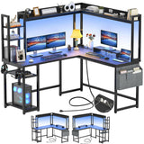 Unikito L Shaped Desk with Power Outlet, L Shaped Gaming Desk with Led Light & Hutch, Reversible Home Office Desk, Corner Computer Desk Writing Desk with Monitor Stand & Storage Shelves