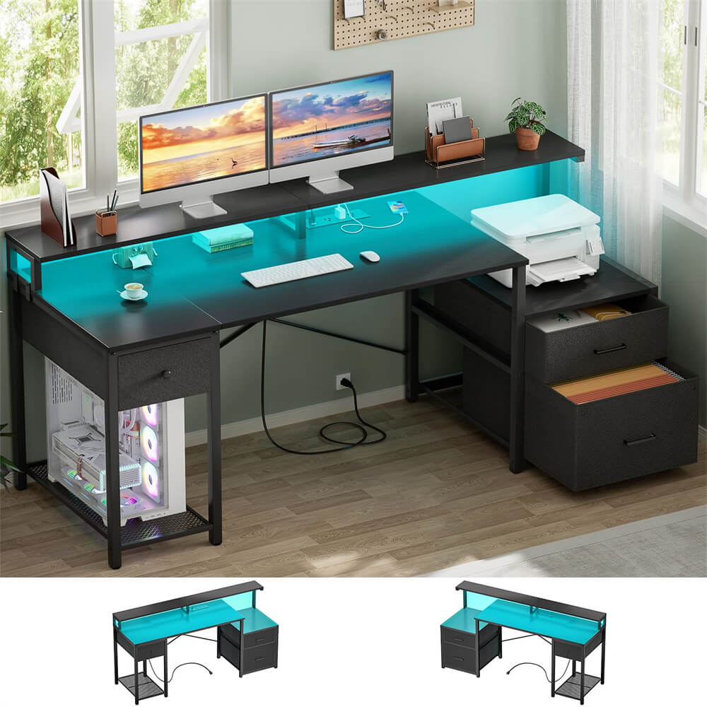 59'' Computer Gaming Desk with 3 Drawers, LED Lights, and Power Outlets, 18.5"D x 59"W x 34.6"H