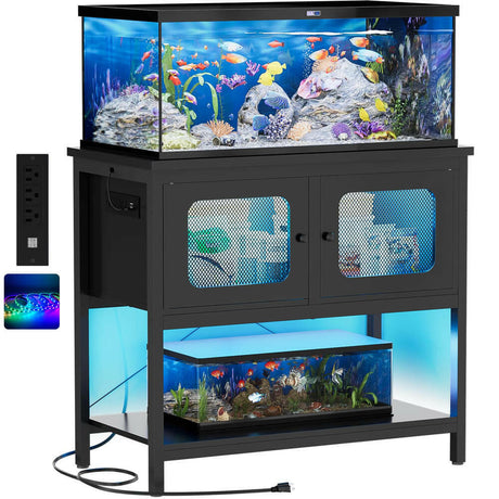 Unikito 40 Gallon Fish Tank Stand with LED Light and Outlet, Metal Aquarium Stand with Cabinet and Accessories Storage, Reptile Tank Turtle Terrariums Table Stand Hold 880LBS and 2 Aquariums