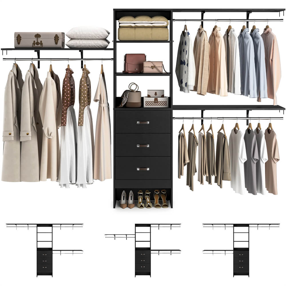 10FT Closet System with 3 Drawers, Walk In Closet Organizer with 3 Shelf Towers, 120" L x 16" W x 75" H, Max Load 1300 LBS