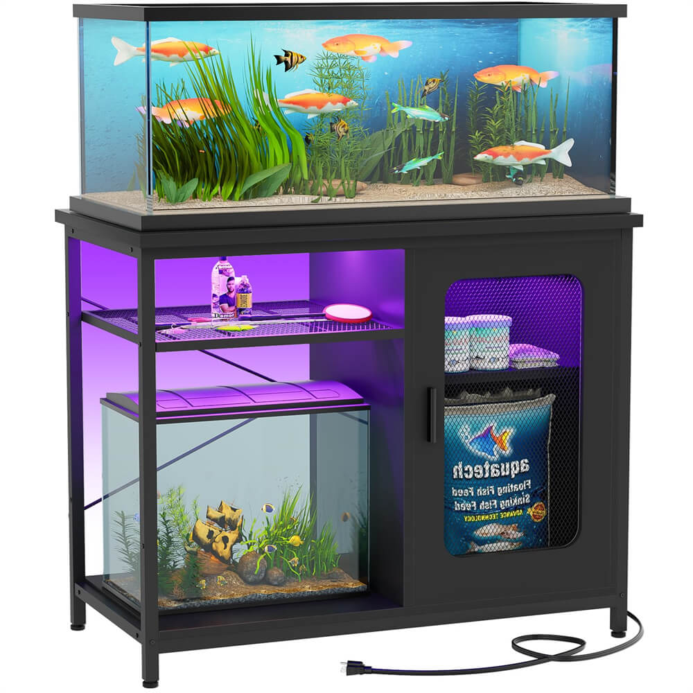 Unikito 20-29 Gallon Fish Tank Stand with Outlets and LED Light, Reversible Metal Aquarium Stand with Cabinet for Fish Tank Accessories Storage, Suitable for Reptile Terrarium, Turtle Tank