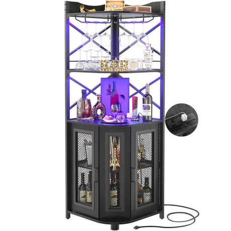 Unikito Corner Bar Cabinet with Power Outlet, Industrial Wine Cabinet with LED Strip and Glass Holder, 5-Tiers Liquor Cabinet Bar Unit for Home, Corner Display Cabinet for Small Space