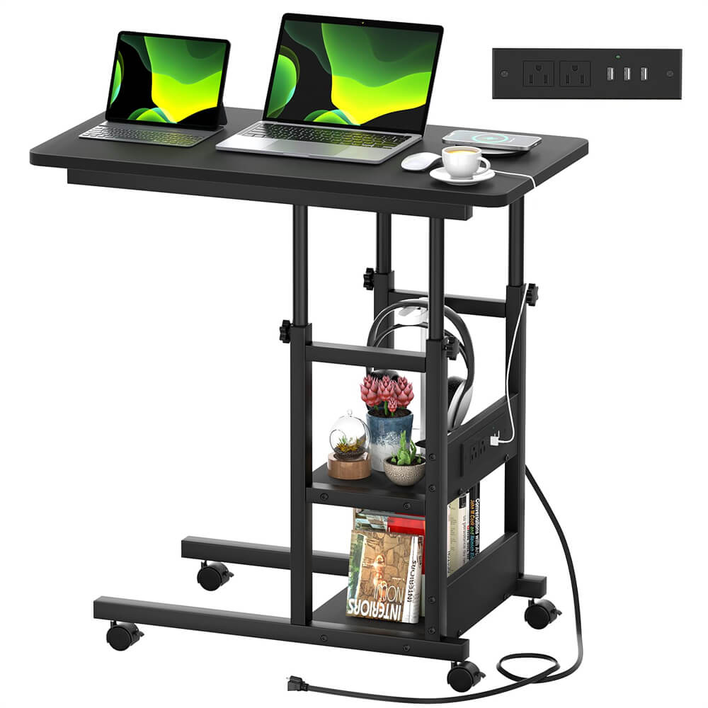 2-Tier Height Adjustable C Shaped End Table with Charging Station, with USB Ports and Wheels