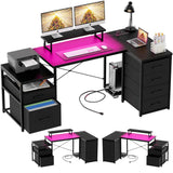 Unikito 70.8" Reversible L Shaped Computer Desk with Fabric File Drawers, Corner Desk with RGB LED Lights & Power Outlets & Monitor Stand, Large Gaming Desk for Home Office Workstation