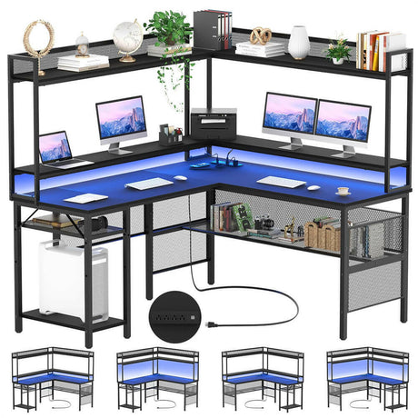 Unikito L Shaped Gaming Desk with Led Light, Reversible Computer Desk with Storage Shelves & Monitor Stand, L Shaped Desk with Power Outlet, Industrial 2 Person Corner Desk for Home Office