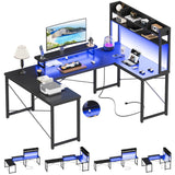 Unikito U Shaped Desk with Hutch, Reversible L Shaped Computer Desk with Power Outlets and LED Strip, Large Office Table with Monitor Stand, Large U Shape Gaming Desk