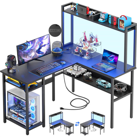 Unikito L Shaped Gaming Desk with RGB LED Strip and Power Outlets, Reversible Corner L Shaped Office Desk with Storage Shelves, Corner Desk with Hutch, Ideal Home Office Desks