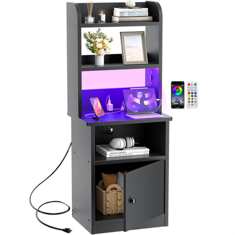 Tall Nightstand with Charging Station and LED Lights, 47 inch Height, with Bookshelf and Storage Cabinet