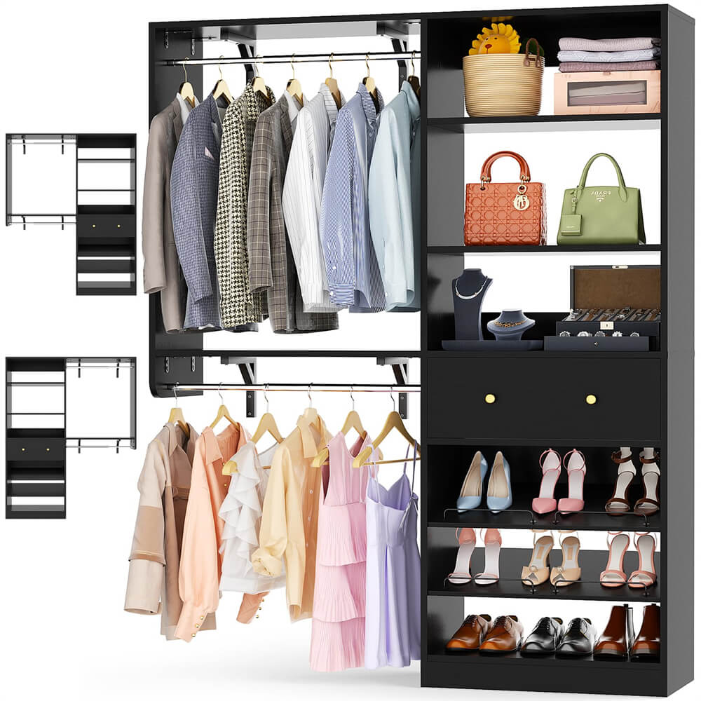 5FT Closet System with Drawer, Reversible Wood Closet Organizer with Hanging Rods, Hanging Shelves, and Shoe Rack