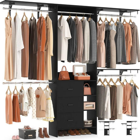 96 Inch Heavy Duty Walk In Closet System with 3 Wooden Drawers and 4 Adjustable Hanging Rods, Fits 5.3-9 ft