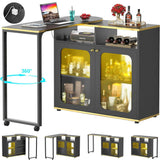 Unikito 360° Rotating Bar Cabinet, 59" Home Bar with LED Light & Charging Station, Double-Sided Foldable Liquor Wine Cabinet with Storage for Bar, Liquor, Coffee, Dining, Working