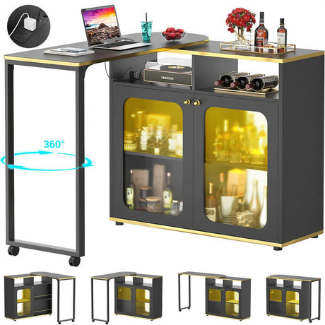 Unikito 360° Rotating Bar Cabinet, 59" Home Bar with LED Light & Charging Station, Double-Sided Foldable Liquor Wine Cabinet with Storage for Bar, Liquor, Coffee, Dining, Working