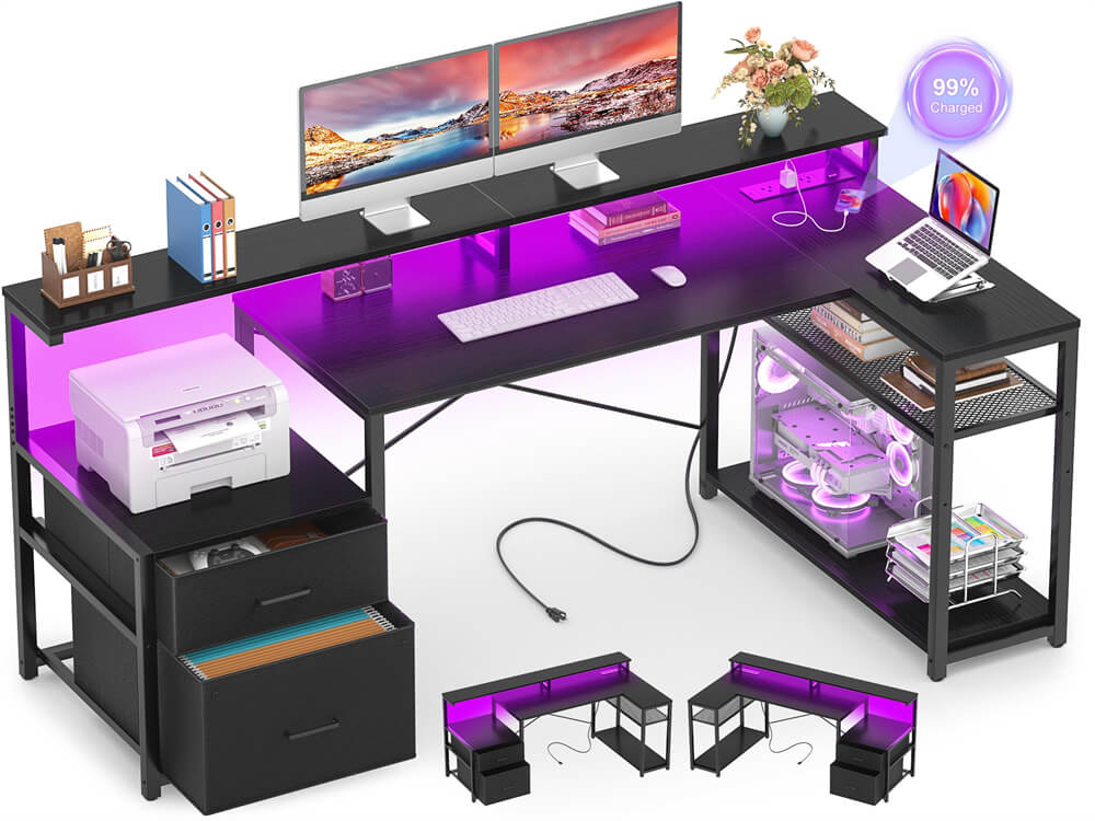 Reversible L Shaped Computer Desk Gaming Desk with File Drawer,  Power Outlet & LED Strip