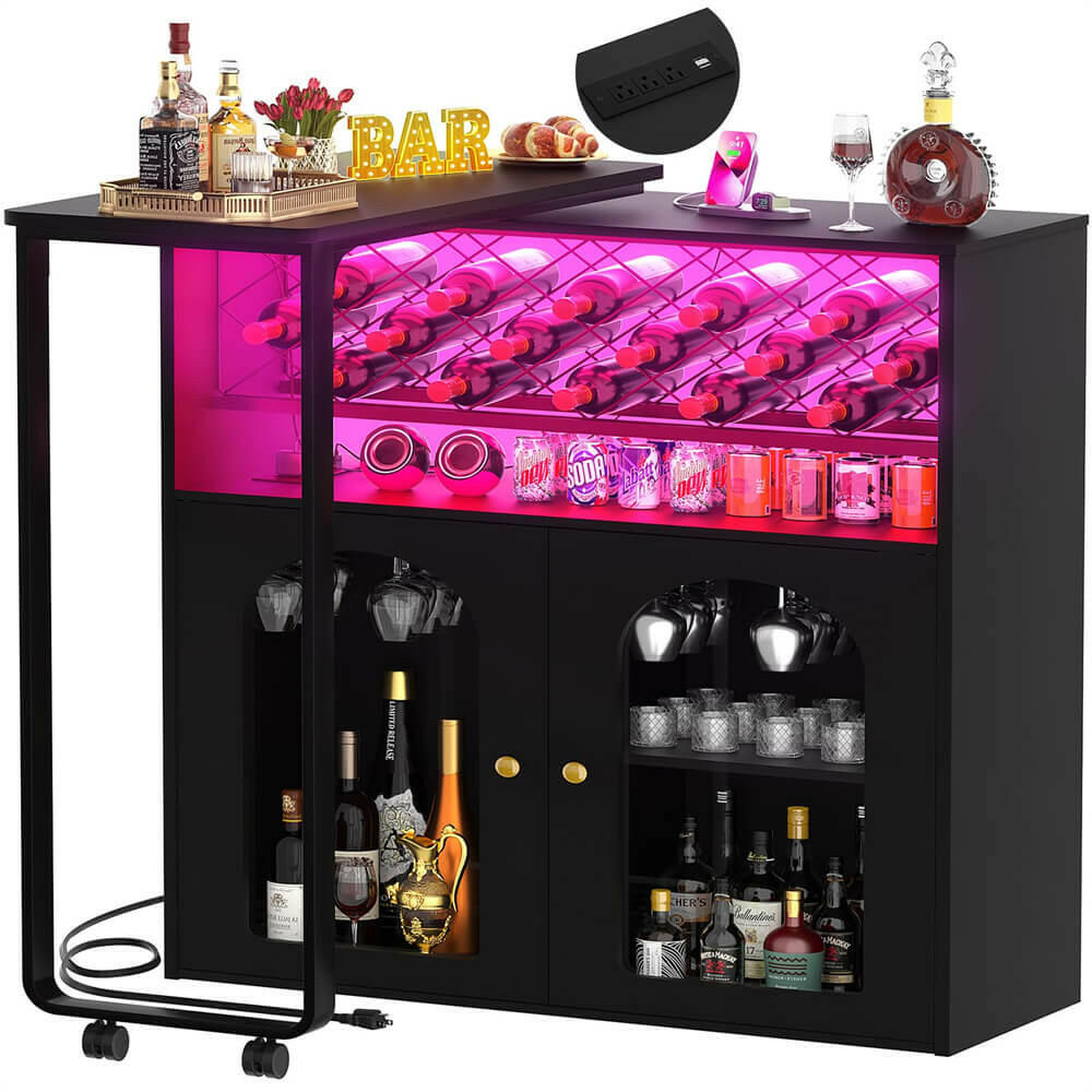 Unikito Rotating Wine Bar Cabinet, Tall Home Bar with LED Lights & Power Outlets, Liquor Bar Cabinet with Wine Rack & Glass Holder, Corner Bar Cabinet with Storage & Doors, Home, Dining Room