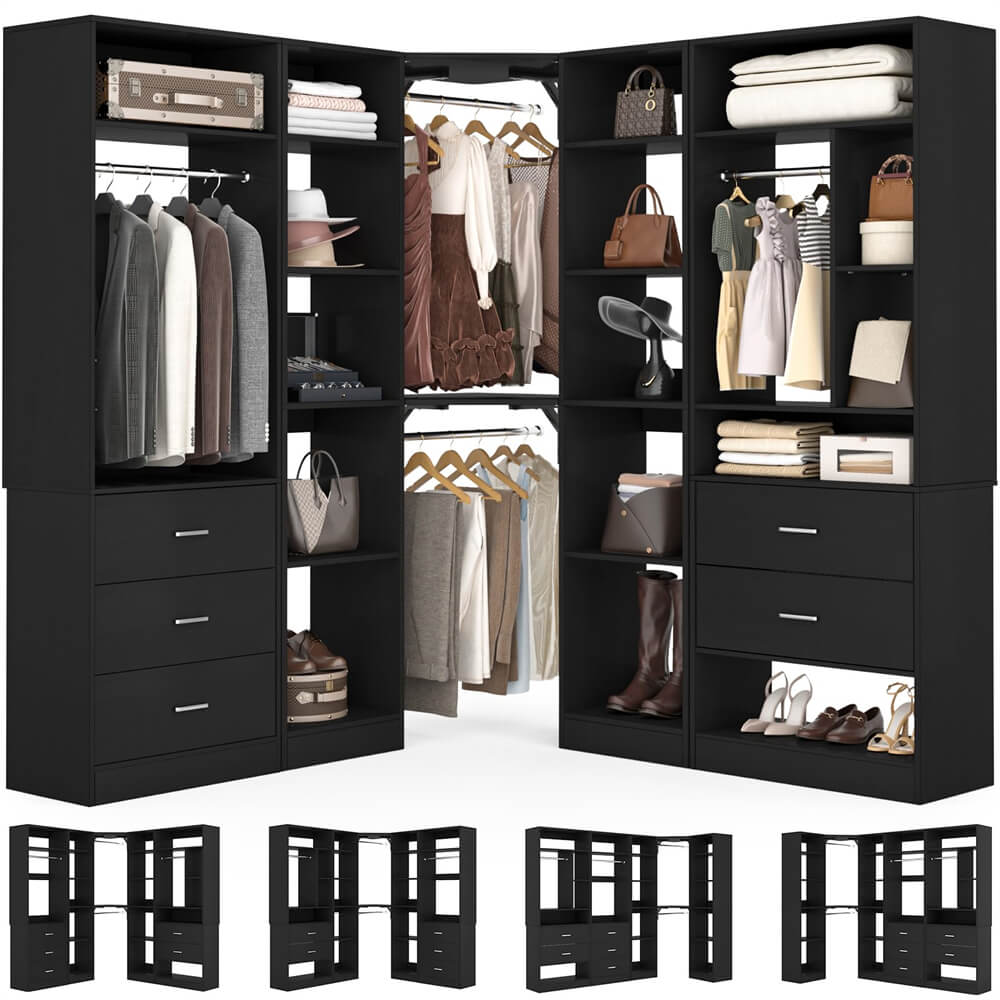 3-In-1 Freestanding Closet System, Closet Organizer with 5 Wood Drawers, 4 Hanging Rods, Reversible, 63.2"L x 63.2"W x 80"H, Load 2000+LBS