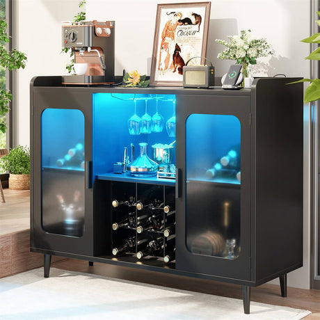 Unikito Wine Bar Cabinet with Power Outlet, Liquor Cabinet Bar with LED Light and Glass Holder, Home Coffee Bar Cabinet, Buffet Sideboard with Storage Shelf for Kitchen, Dining Room