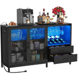 Unikito Wine Bar Cabinet with Charging Station and LED Lights, Liquor Cabinet Bar with Wine Rack, Industrial Sideboard Buffet with Drawers, Farmhouse Wood Mental Coffee Bar for Home, Kitchen