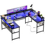 Unikito U Shaped Computer Desks, Reversible Office Desk with LED Strip and Power Outlets, L Shaped Table with Full Monitor Stand and Storage Shelves, 83 Inch Large U- Shape Gaming Desk