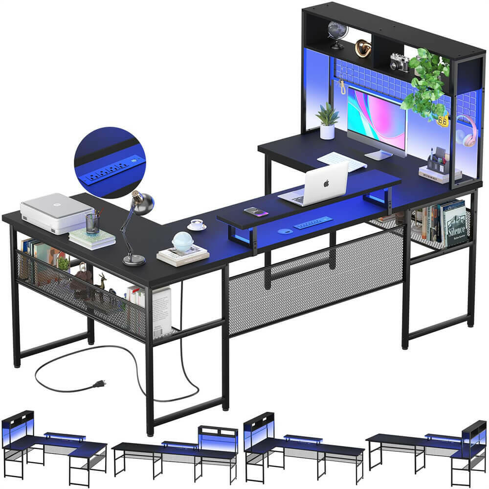 Unikito U Shaped Desk with Hutch, Reversible L Shaped Computer Desk with Power Outlets and LED Strip, Large Office Table with Monitor Stand and Storage Shelves, 83 Inch U Shape Gaming Desk