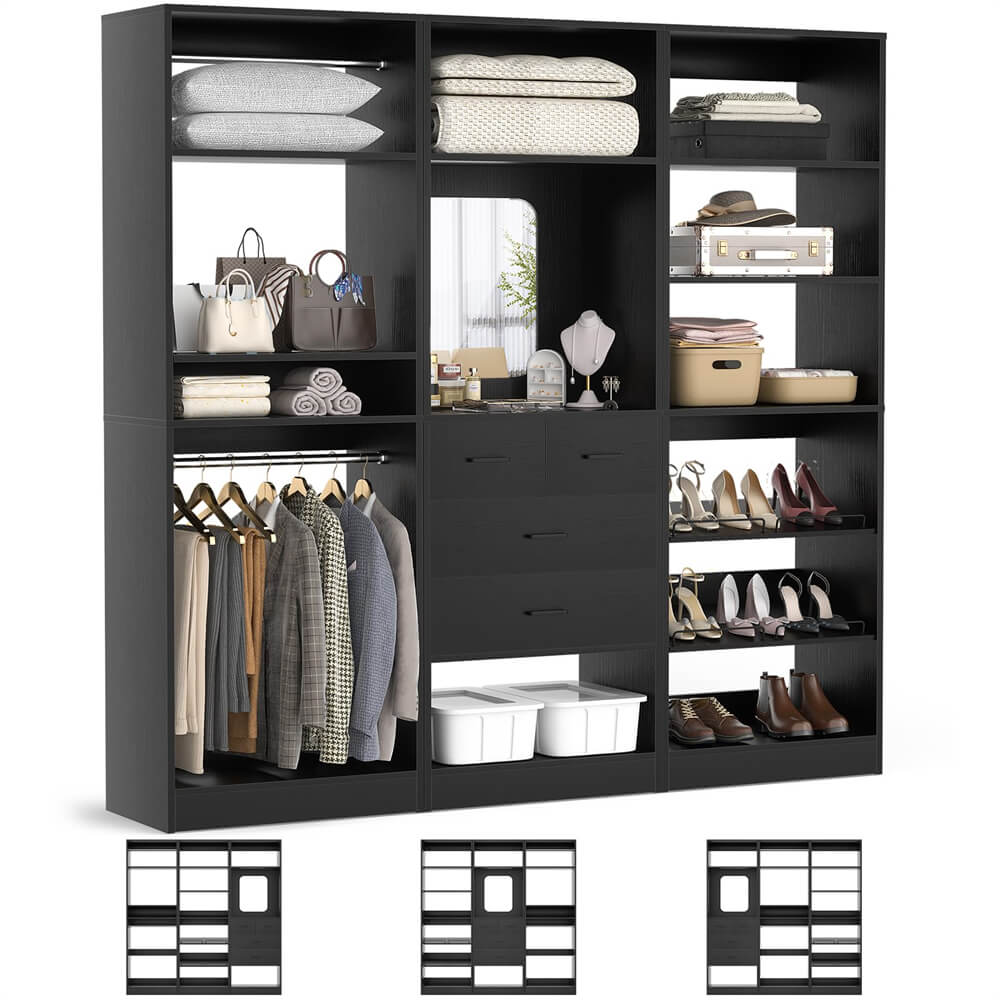 Unikito 75” Closet System with Drawers, Freestanding Closet Organizer with Hanging Rods and Shelves, Adjustable Clothes Garment Rack with Shoe Rack, Sturdy Walk-in Closet Set for Bedroom, Mudroom, Entryway