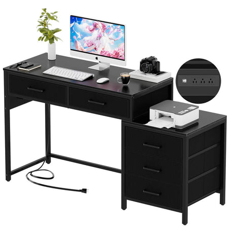 Unikito Reversible Computer Desk with 5 Drawers, Sturdy Office Desk with Power Outlets and USB Ports, Corner Writing Table with File Cabinet & Printer Stand, Vanity Desk with Storage