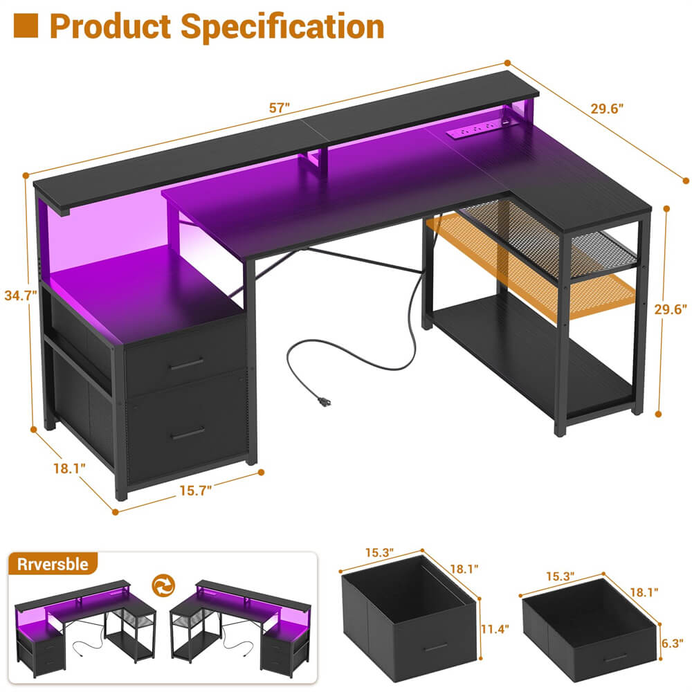 Reversible L Shaped Computer Desk Gaming Desk with File Drawer,  Power Outlet & LED Strip