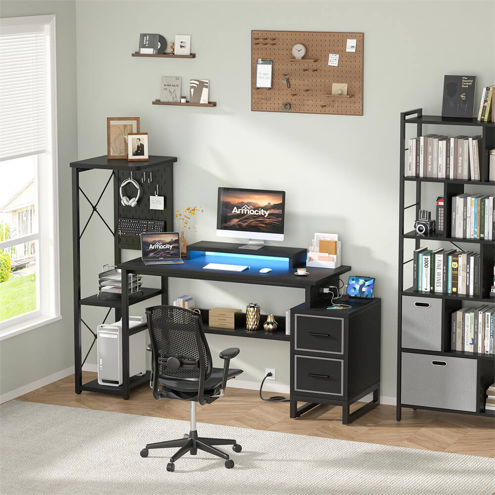 53 Inch Computer Desk with 2 Fabric Drawers, Reversible Home Office Desk with LED Lights, Power Outlets, Side Tall Shelf