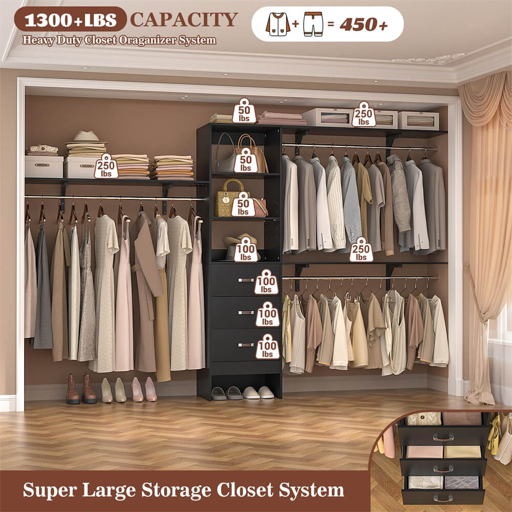 10FT Closet System with 3 Drawers, Walk In Closet Organizer with 3 Shelf Towers, 120" L x 16" W x 75" H, Max Load 1300 LBS