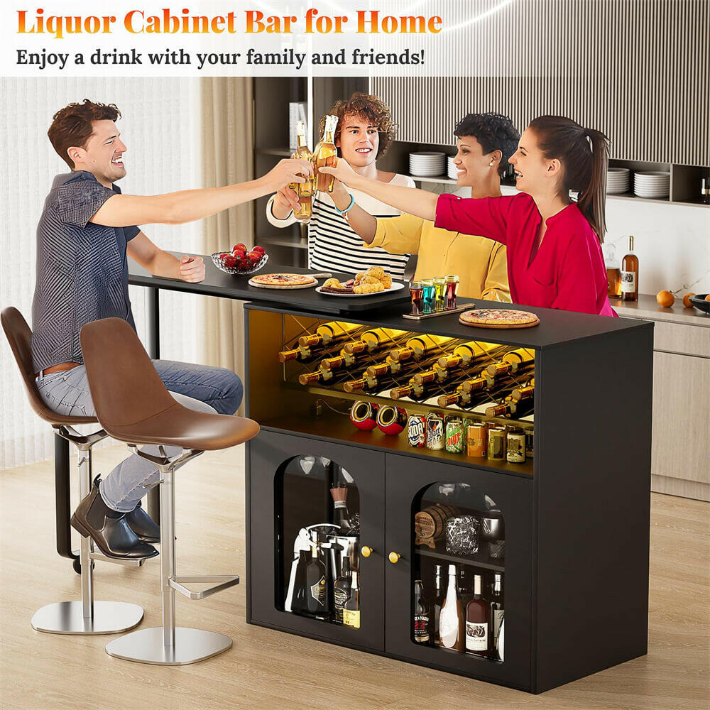 Unikito Rotating Wine Bar Cabinet, Tall Home Bar with LED Lights & Power Outlets, Liquor Bar Cabinet with Wine Rack & Glass Holder, Corner Bar Cabinet with Storage & Doors, Home, Dining Room