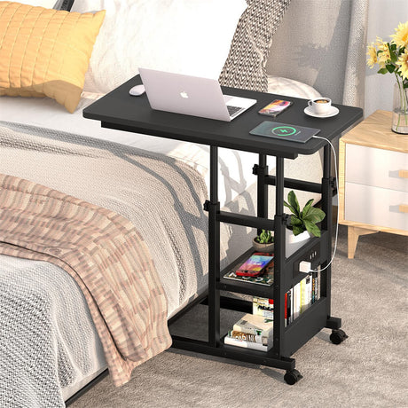 2-Tier Height Adjustable C Shaped End Table with Charging Station, with USB Ports and Wheels