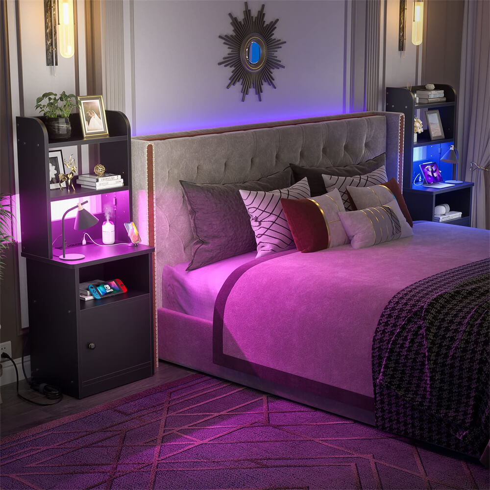 Tall Nightstand with Charging Station and LED Lights, 47 inch Height, with Bookshelf and Storage Cabinet