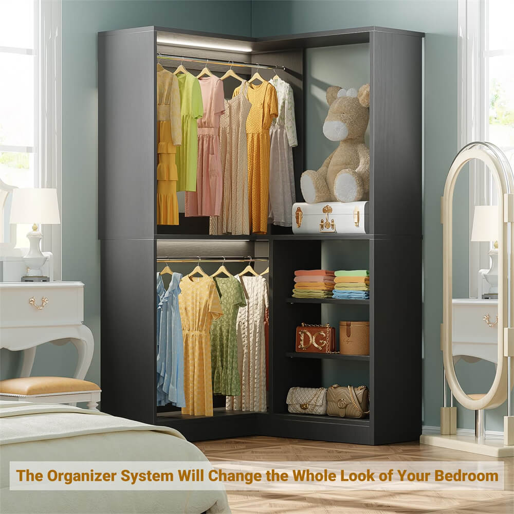 Corner Closet System, 36'' x 36'' Inch Large Freestanding Closet Organizer Tower with 2 Hanging Rods and Shelves