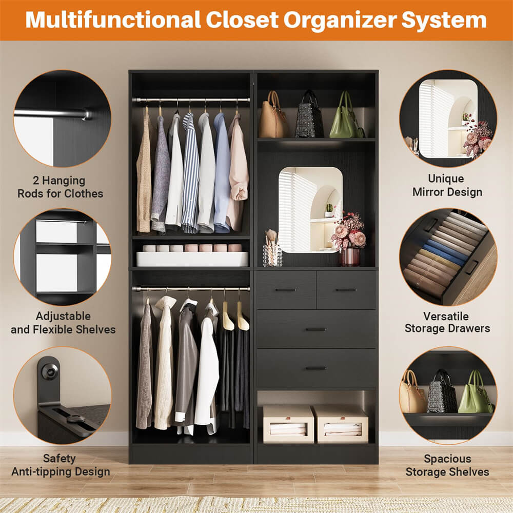 Unikito 2-in-1 50'' Closet System, Freestanding Closet Organizer with Hanging Rods and Drawers, Adjustable Clothes Garment Rack with Mirror, Sturdy Walk in Closet Tower for Bedroom, Mudroom, Entryway