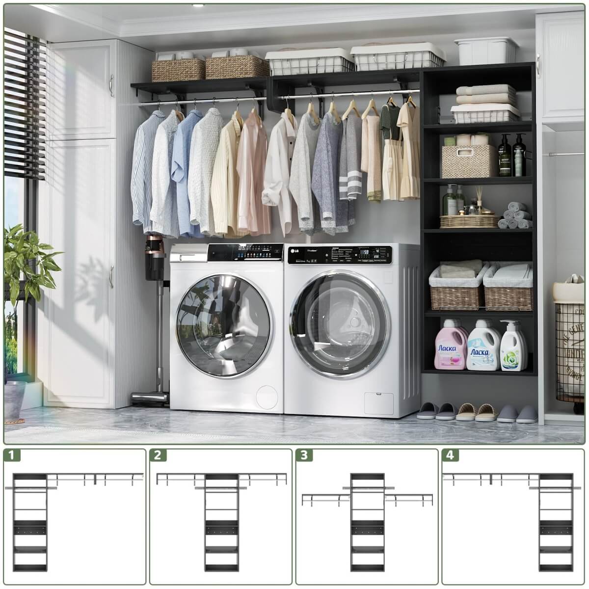 8FT Over Washer and Dryer Storage Shelf, Wall Mounted Laundry Room Organizer with Hanging Rods