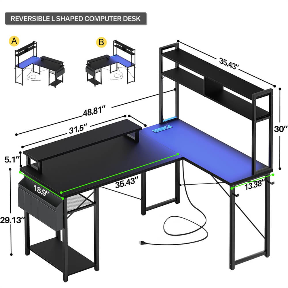 Small L Shaped Computer Desk with LED Lights & Power Outlets, Reversible Design, with Shelf, Side Storage Bag