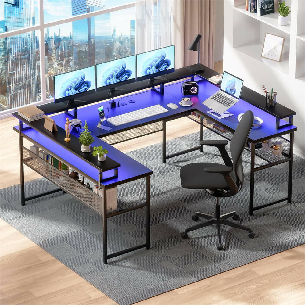 Unikito U Shaped Computer Desks, Reversible Office Desk with LED Strip and Power Outlets, L Shaped Table with Full Monitor Stand and Storage Shelves, 83 Inch Large U- Shape Gaming Desk