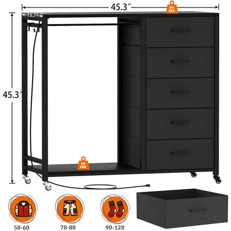 Unikito Bedroom Clothes Rack with 5 Drawers, Storage Closet Rack with Charging Station & LED Lights, Tall Metal Closet Rack with Wheels, Wooden Top, Lockable Wheels, Bedroom, Closet