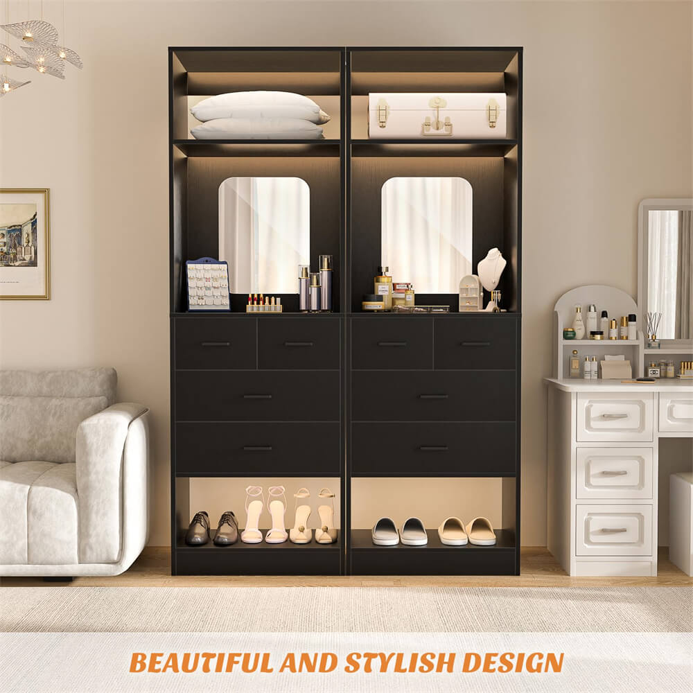 Unikito Closet System with Drawers, Freestanding Closet Organizer with Storage Shelves and Mirror, Sturdy Walk in Closet Tower for Bedroom, Mudroom and Entryway, 25" W x 16" D x 80" H