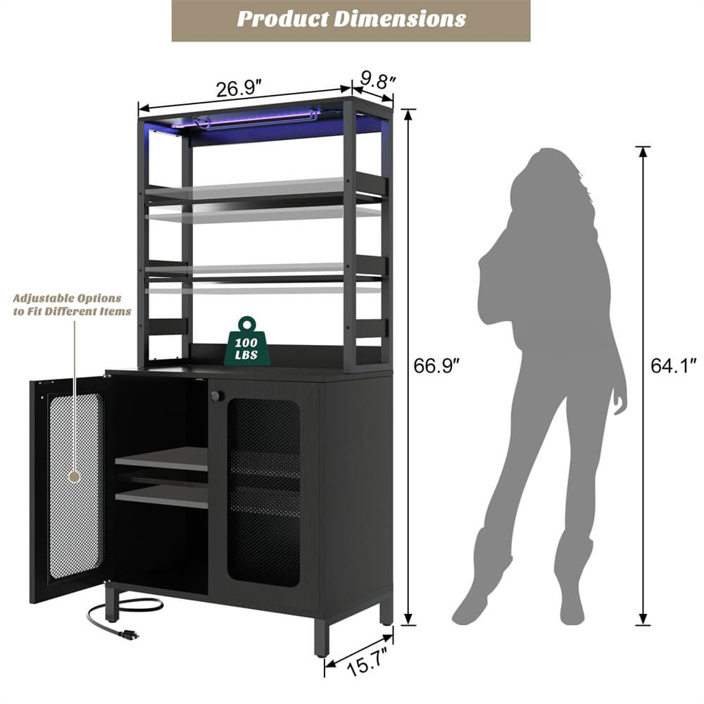 Unikito Tall Wine Bar Cabinet with LED Light and Power Strip, 67'' Standing Liquor Cabinet with Door & Glass Holder, Coffee Bar Cabinet, Bakers Rack Cabinet, for Living Room, Kitchen