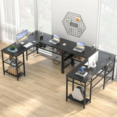 Unikito L Shaped Computer Desk with Power Outlet and USB Charging Port, Reversible L-Shaped Office Desks with Storage Shelves, Unique Grid Design, 2 Person Corner Desk for Home Office