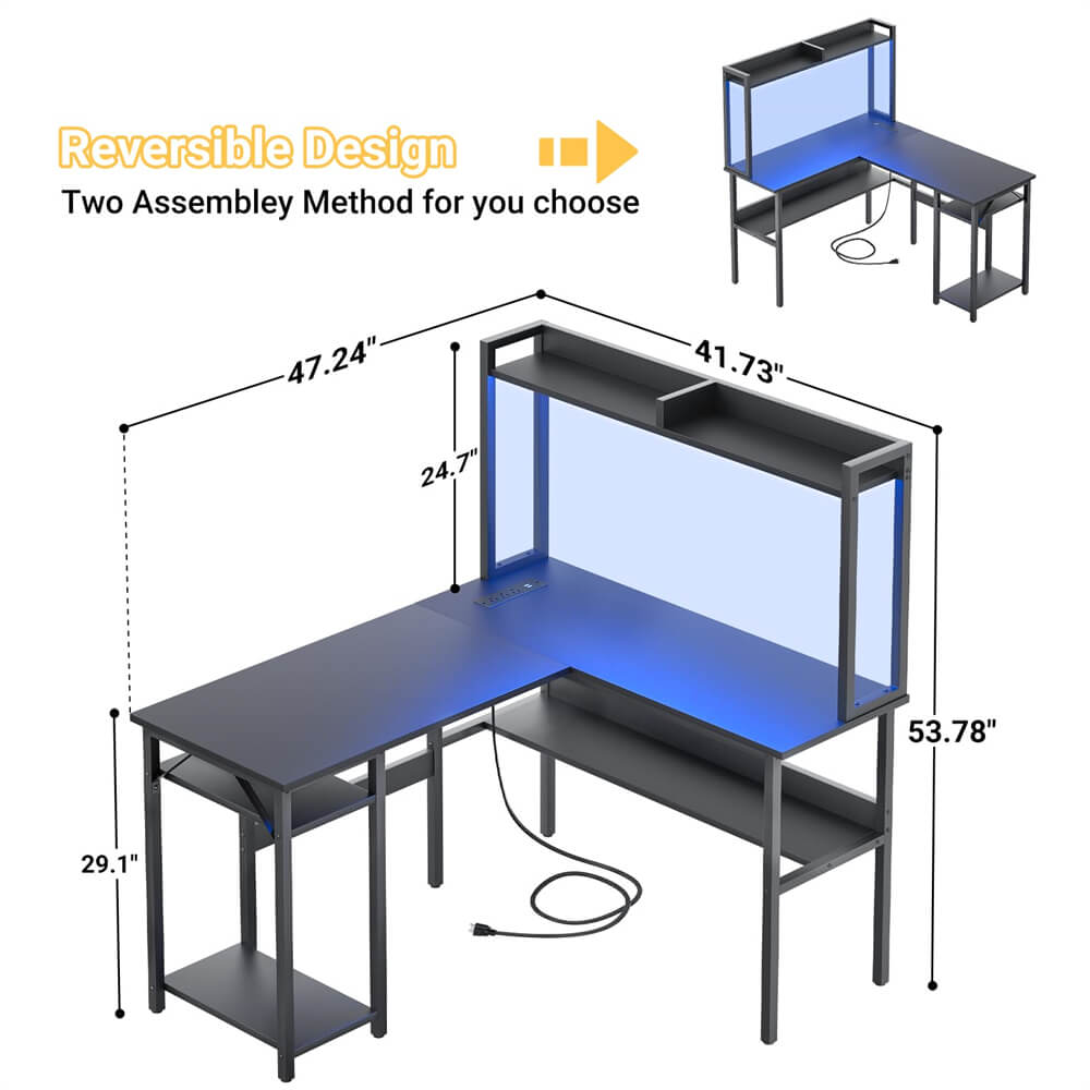 Unikito L Shaped Gaming Desk with RGB LED Strip and Power Outlets, Reversible Corner L Shaped Office Desk with Storage Shelves, Corner Desk with Hutch, Ideal Home Office Desks