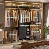 96 Inch Heavy Duty Walk In Closet System with 3 Wooden Drawers and 4 Adjustable Hanging Rods, Fits 5.3-9 ft