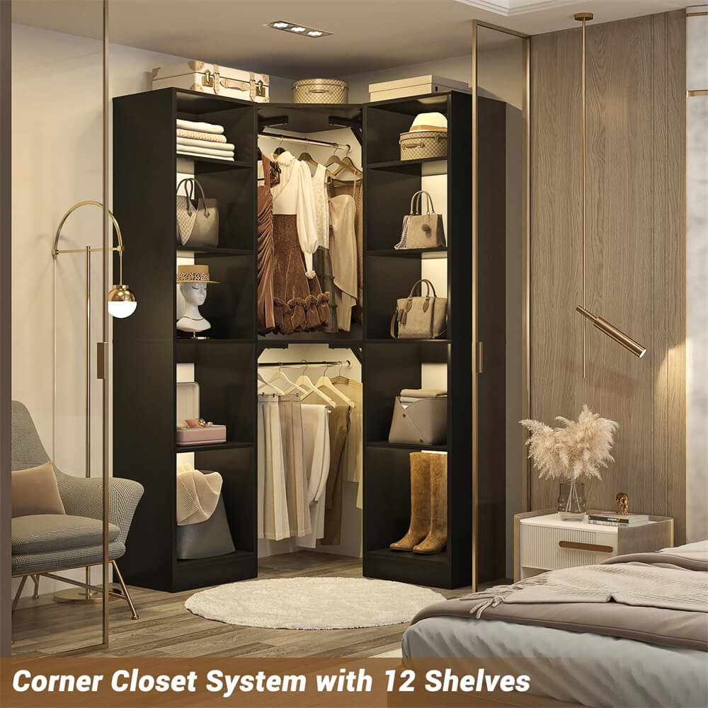 40 Inch L Shaped Corner Closet System, with 12 Shelves, 2 Hanging Rods, 6-Tier Design