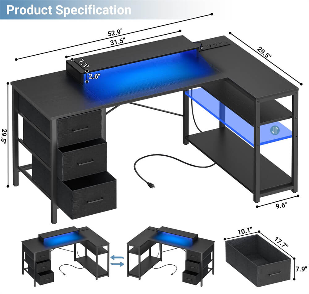 53 Inch L Shaped Computer Gaming Desk with Power Outlets & LED Lights, Corner Desk with 3 Fabric Drawers and Shelves, Reversible