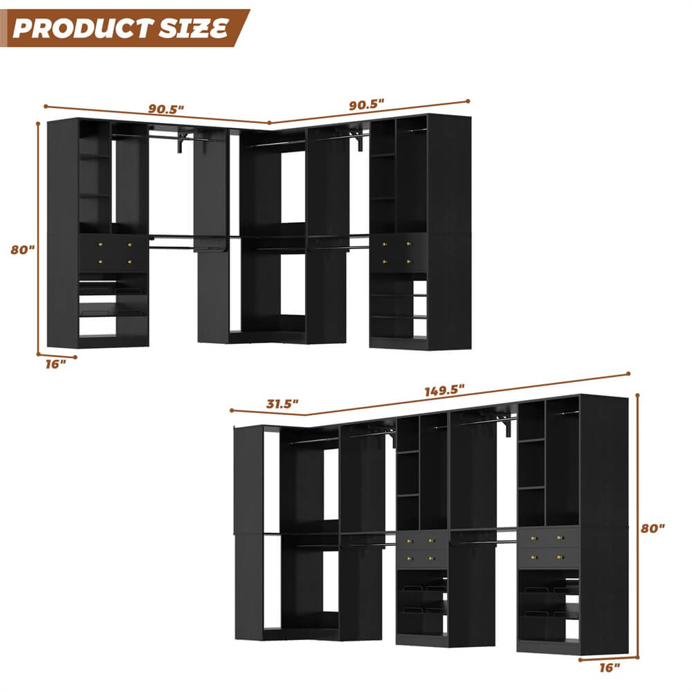 Closet System with Corner(3 Sets), 90.5" Closet Organizer System with Drawers, Shelves, and Hanging Rods